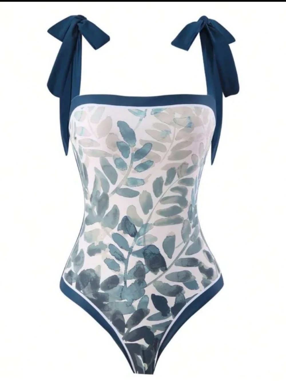 Blue Leaf Print Tie-Shoulder One-Piece Swimsuit with Matching Sarong - Picture 2 of 3